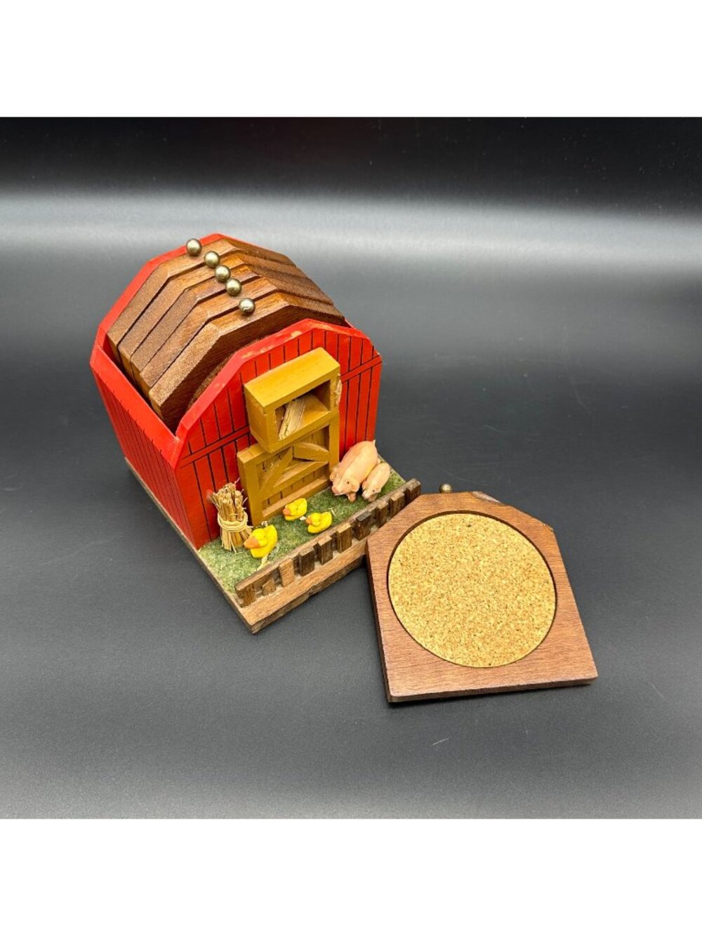 Vintage Red Barn Coaster Set Farm Animal Enesco 1978 Taiwan Country Kitsch AS IS